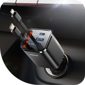 imageSuper Compact Retractable Car Charger 4 in 1 69W Car Charger USB C iPhone 16 Car Charger Fast Charging Car Accessories Car Phone Charger Adapter for iPhone 15 Pro Max Pixel RedBlack