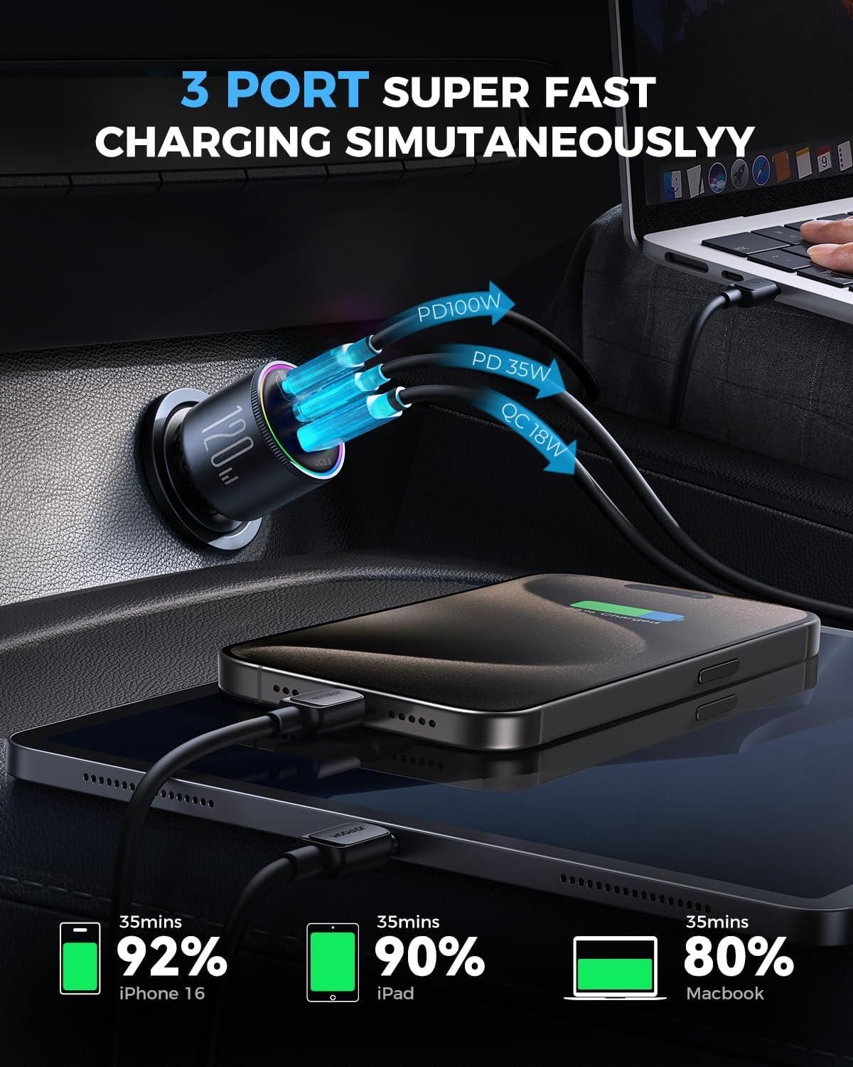 image120W Car Charger USB C for iPhone 16 Pro JOYROOM 3 Port Super Fast Car Charger Adapter PD100WPD35W Car Phone Charger Type C Fast Charging for iPhone 16 15 Pro Max Samsung S24 S23 iPad Laptop120WBLACK