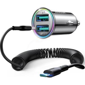 imageCar ChargerJOYROOM 48A Car Phone Charger All Metal Mini Cigarette Lighter USB Charger with Type C Coiled Cable for iPhone 15 Pro Dual USB Car Charger Adapter Fast Charge for iPhoneSamsungAndroid