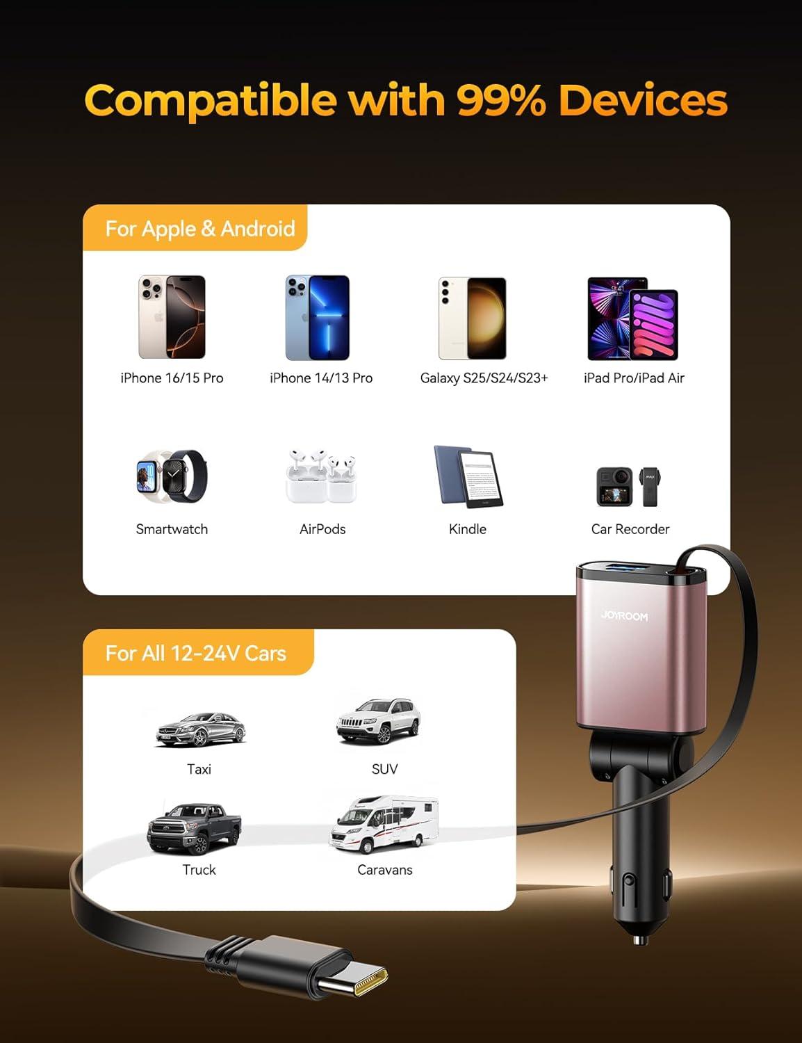 imageCar Charger USB C Fast Charging Retractable for iPhone 16 15 Pro Compact 75 Less Space 57W Fast Type C Car Charger Car Accessories Adapter for iPhone 16 15 Pro Max Samsung Galaxy S2524 AndroidPink