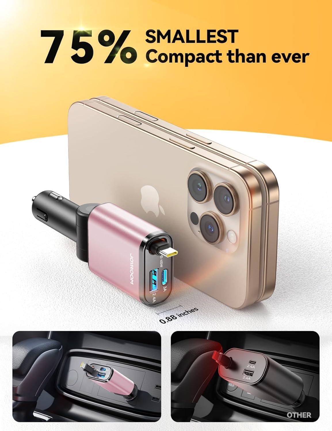imageCar Charger USB C Fast Charging Retractable for iPhone 16 15 Pro Compact 75 Less Space 57W Fast Type C Car Charger Car Accessories Adapter for iPhone 16 15 Pro Max Samsung Galaxy S2524 AndroidPink
