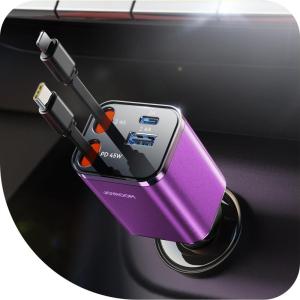 image2025 UltraCompact Retractable Car Charger USB C 84W Car Accessories Adapter for iPhone 16 Fast Charging Car Travel Essentials Gifts for Women Men Car Phone Charger for iPhone 16e 15 Pro Max BluePurple