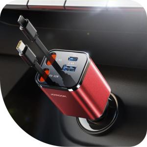 image2025 UltraCompact Retractable Car Charger USB C 84W Car Accessories Adapter for iPhone 16 Fast Charging Car Travel Essentials Gifts for Women Men Car Phone Charger for iPhone 16e 15 Pro Max BlueRed
