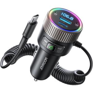 imageJOYROOM Bluetooth 54 FM Transmitter for Car 60W PD 30 Bluetooth Car Adapter Fast Charging with USB C Cable Cigarette Lighter Radio Music Adapter HandsFree Calling Light Control USB DriveBlack