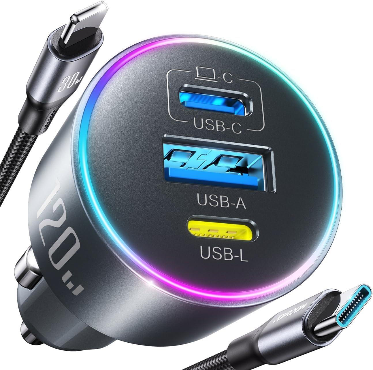 image120W Car Charger USB C PD 100W Type C Car Charger Upgrade UltraCompact iPhone 17 Charger for Car 3Port Cigarette Lighter Adapter for MacBook ProAir