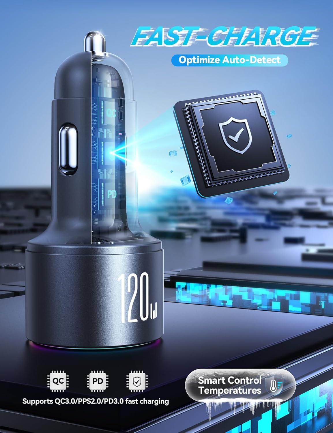 image120W Car Charger USB C PD 100W Type C Car Charger Upgrade UltraCompact iPhone 17 Charger for Car 3Port Cigarette Lighter Adapter for MacBook ProAir