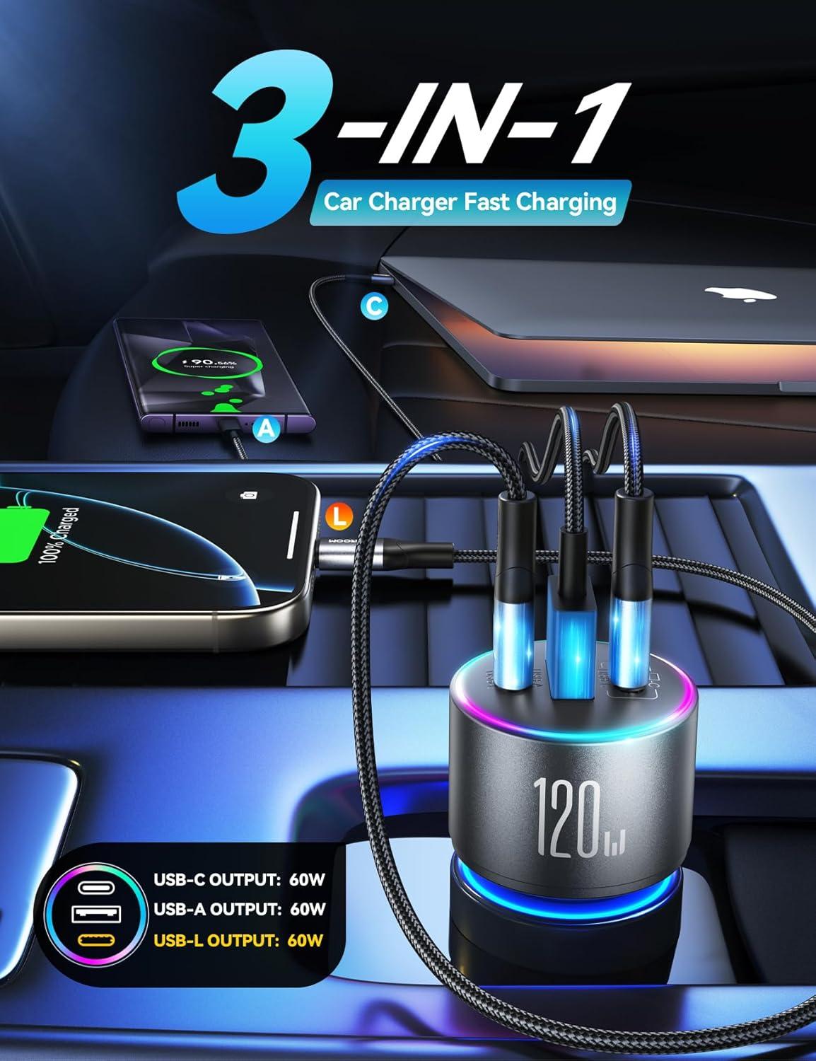 image120W Car Charger USB C PD 100W Type C Car Charger Upgrade UltraCompact iPhone 17 Charger for Car 3Port Cigarette Lighter Adapter for MacBook ProAir