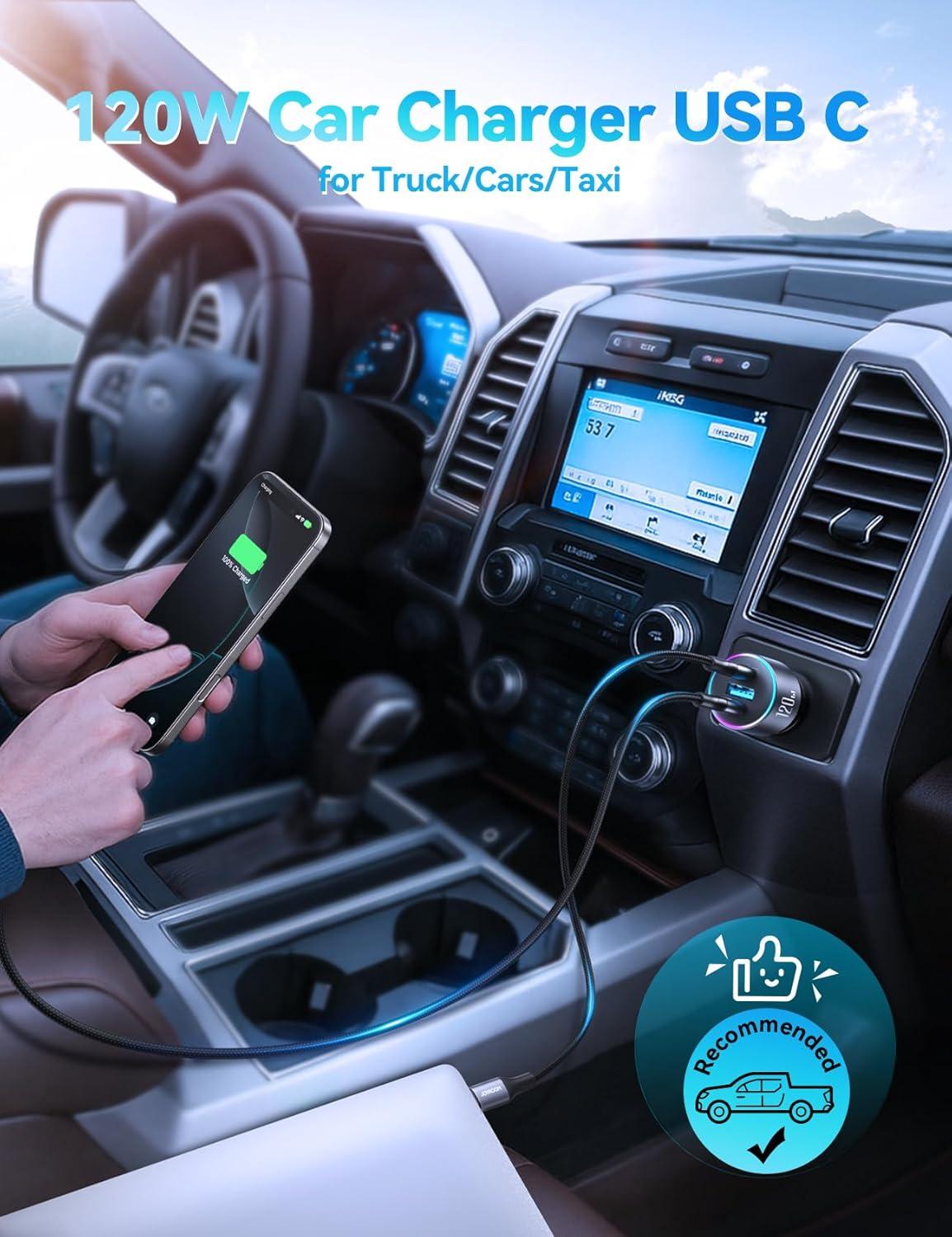 image120W Car Charger USB C PD 100W Type C Car Charger Upgrade UltraCompact iPhone 17 Charger for Car 3Port Cigarette Lighter Adapter for MacBook ProAir