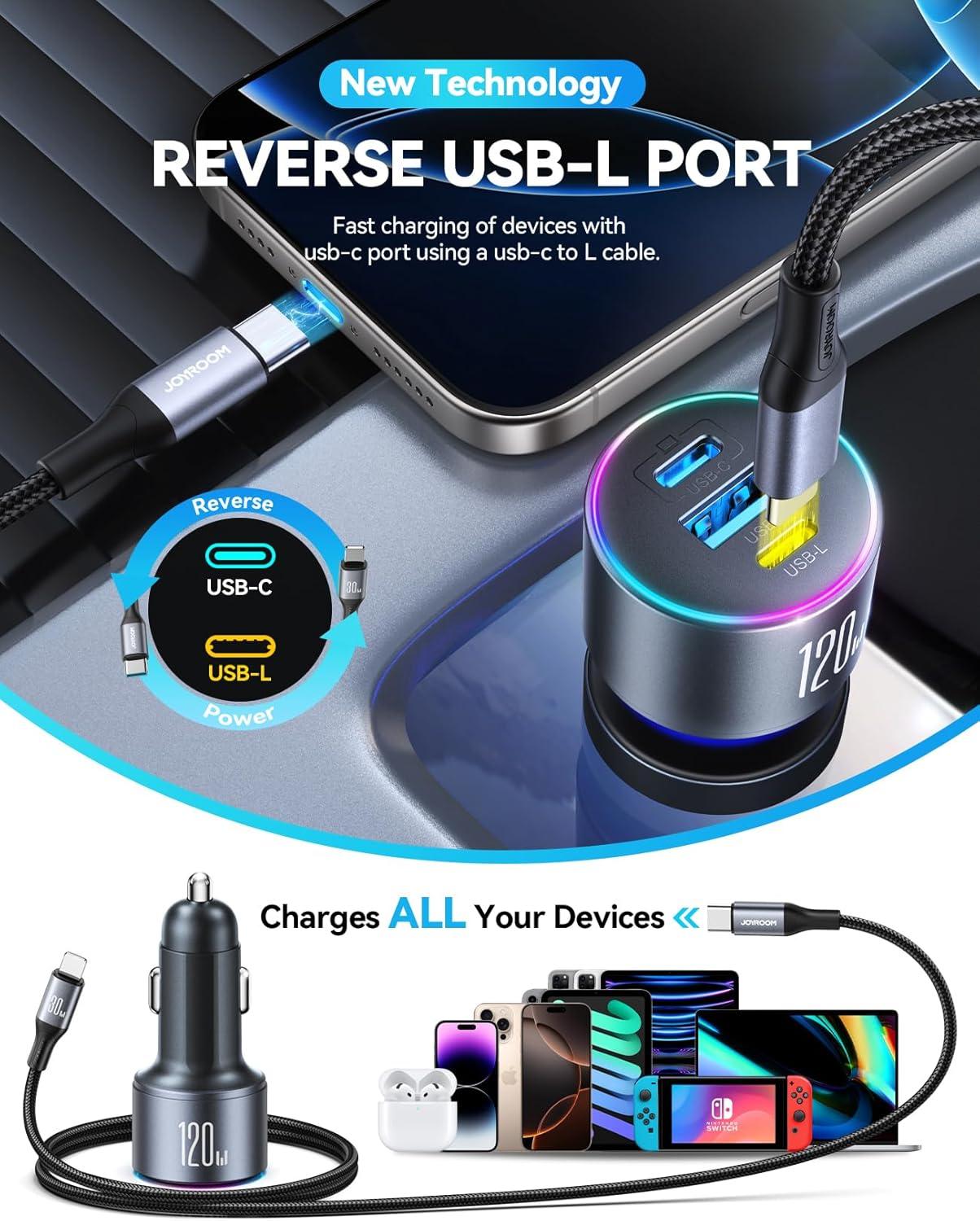 image120W Car Charger USB C PD 100W Type C Car Charger Upgrade UltraCompact iPhone 17 Charger for Car 3Port Cigarette Lighter Adapter for MacBook ProAir