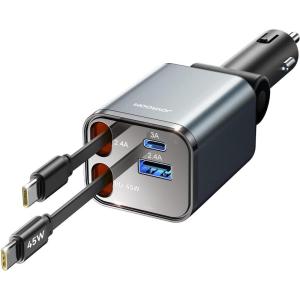 imageRetractable Car Charger 84W Car Charger USB C for iPhone 16 17 Pro Max Fast Charging PD45W Dual Type C Cables Car Accessories Cigarette Lighter Adapter for iPhone 17 Air 16 15 Pro Max Samsung S25Grey