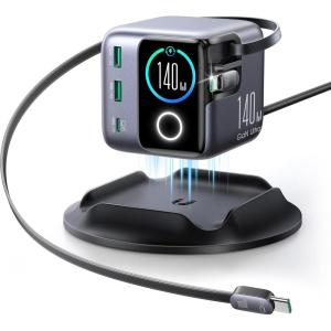 image:imageJOYROOM 5in1 USB C Charging Station 140W UltraFast 5Port Desktop Charger with Dual Retractable 100W USBC Cables 26ft 154 Smart LCD Power Display for MacBook iPhone Home amp Office