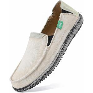 imageVILOCY Mens Slip on Deck Shoes Casual Canvas Loafers Beach Boat Shoes Zero Drop Vintage FlatBeige White