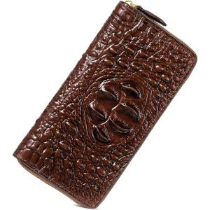 imageWomen Leather Wallet RFID Designer crocodile Large Capacity Credit Cards Holder Organizer Phone Clutch Dark Brown