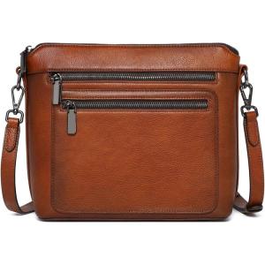 imageCOOLCY Genuine Leather Crossbody Bags for Women Purses and Handbags for Ladies with Multiple Pockets Shoulder Satchel BagBrown