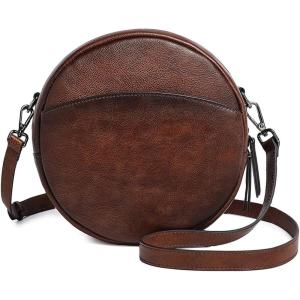 imageCOOLCY Leather Crossbody Bags for Women Circle Purse Shoulder Bag Fashion Round Handbag for Travel 2 Adjustable StrapCoffee