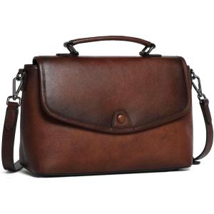 imageCOOLCY Genuine Leather Crossbody Purses Bags for Women Top Handle Satchel Handbags Flap Shoulder BagCoffee