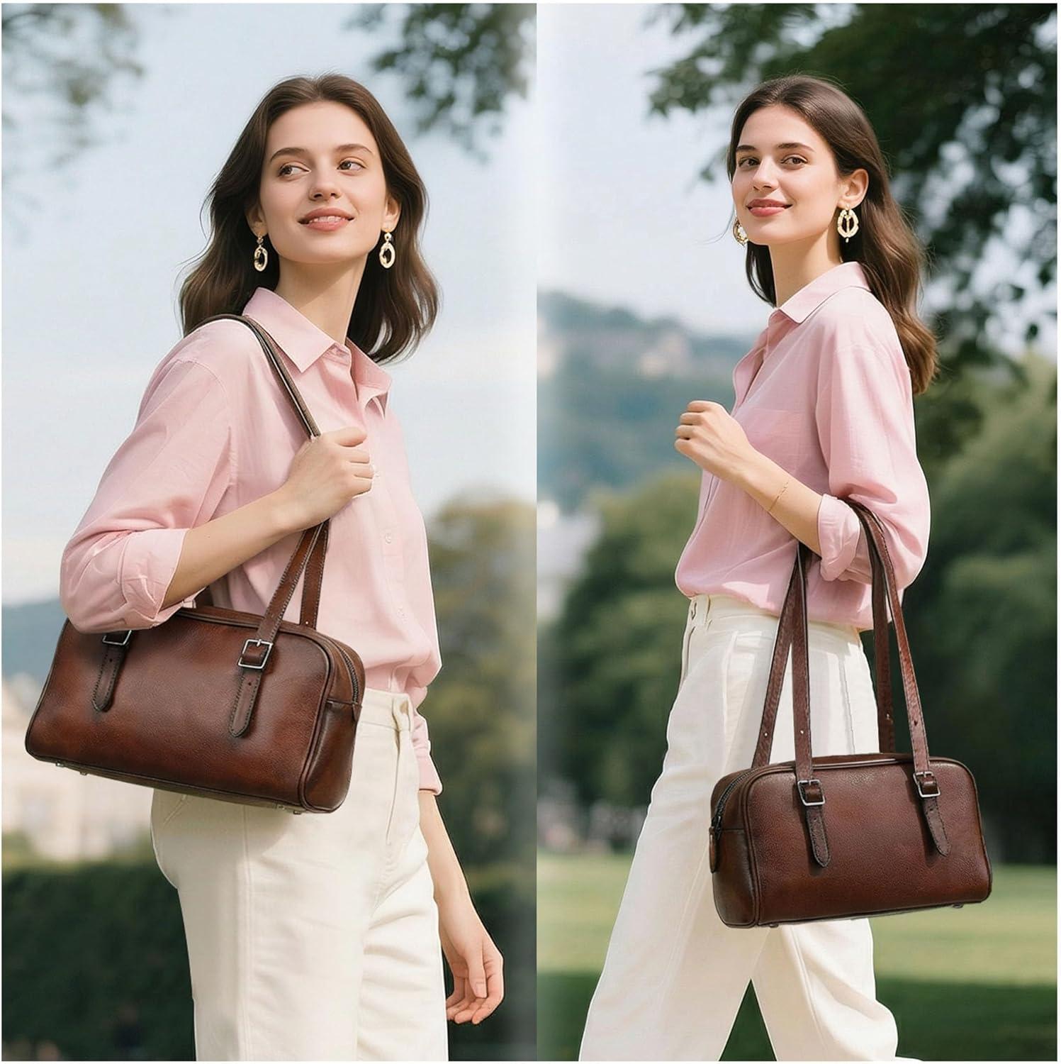 image:imageLeather Shoulder Bag Genuine Leather Purses for Women Trendy HandbagsVintage Hobo Clutch Bags for Work Travel Daily UseCoffee