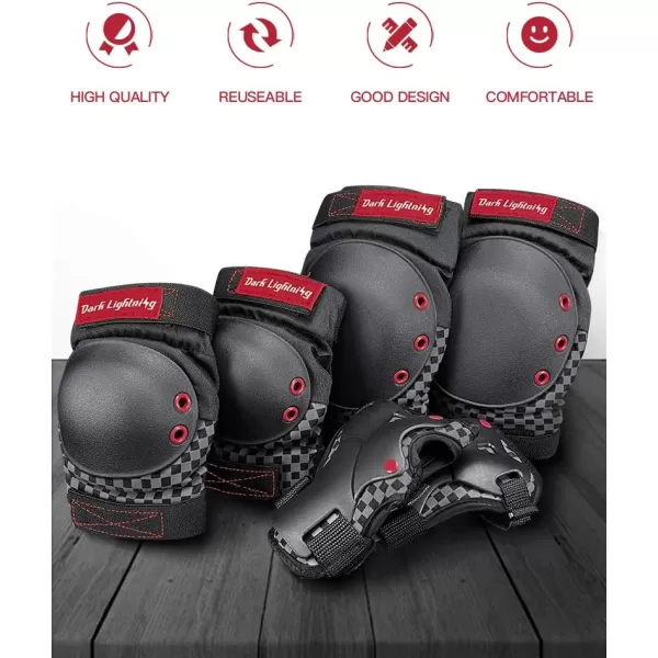 Dark Lightning Adult/Youth/Junior Knee Pads Elbow Pads Wrist Guards 3 in 1 Protective Gear, for Skateboard,Roller Skate,Inline,Cycling,MTB Bike,Scooter