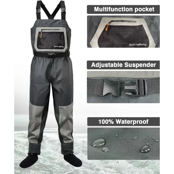 imageDark Lightning Breathable Insulated Chest Waders Perfect for 4 Seasons Fly Fishing Stocking Foot Waders for Men and WomenBreathable Pro
