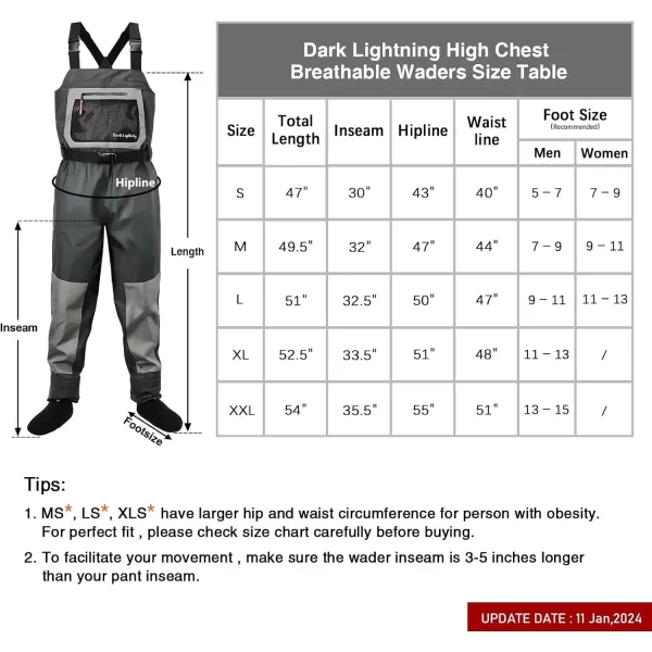 imageDark Lightning Breathable Insulated Chest Waders Perfect for 4 Seasons Fly Fishing Stocking Foot Waders for Men and WomenBreathable Pro