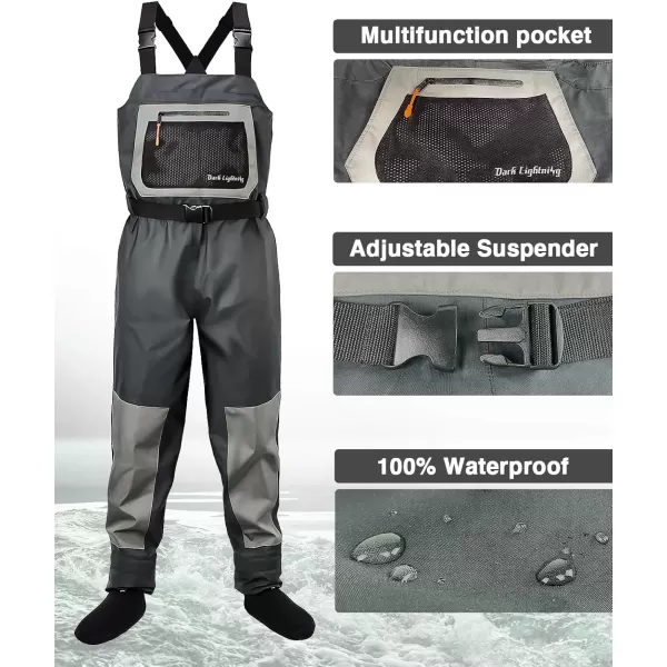 imageDark Lightning Breathable Insulated Chest Waders Perfect for 4 Seasons Fly Fishing Stocking Foot Waders for Men and WomenBreathable Pro