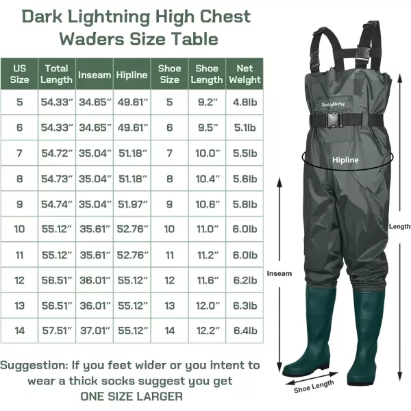 imageDark Lightning Fly Fishing Waders for Men and Women with Boots MensWomens High Chest Wader with Boot Hanger Green M12