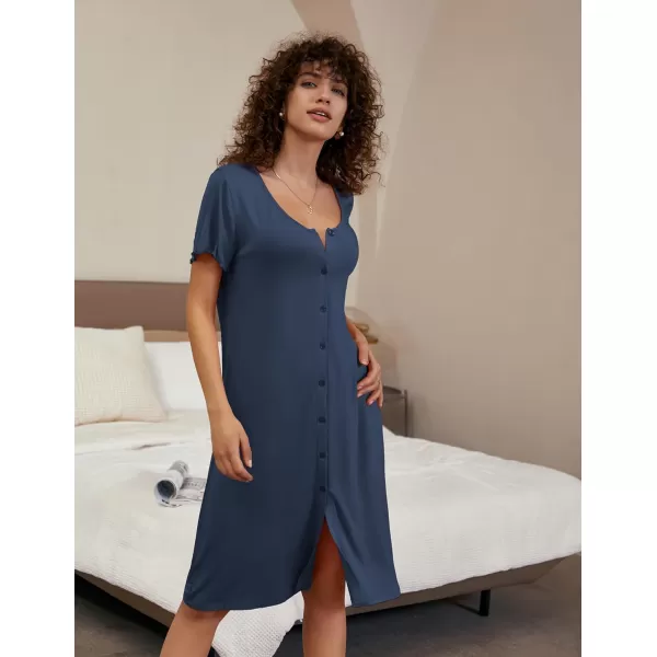 Ekouaer 2 Pack Nightgowns for Women Button Down Night Shirts Short Sleeve Sleep Shirts V Neck Sleepwear Pajama DressGp3navy Bluegrey