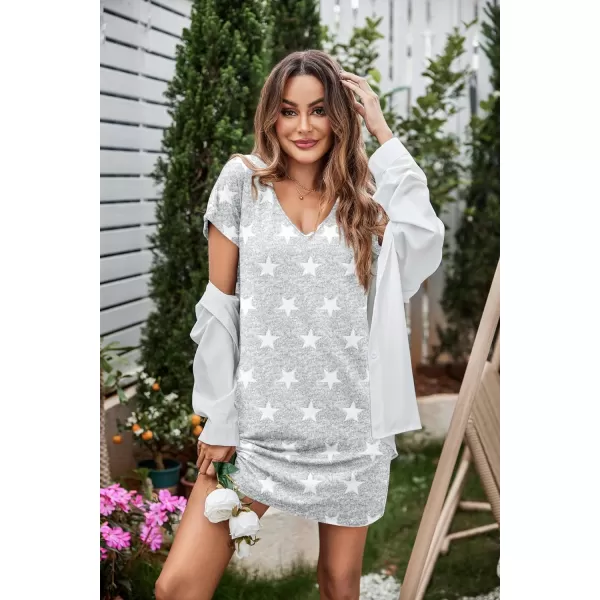 Ekouaer 2 Pack Nightgowns for Women Short Sleeve Sleepwear V Neck Sleepshirt SolidPrinted Night Dress With PocketsBlack  Star Print