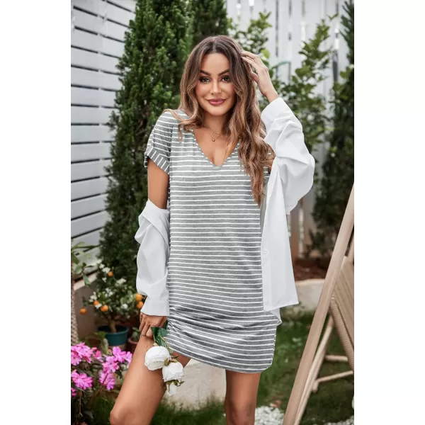 Ekouaer 2 Pack Nightgowns for Women Short Sleeve Sleepwear V Neck Sleepshirt SolidPrinted Night Dress With PocketsCac  Grey Stripe