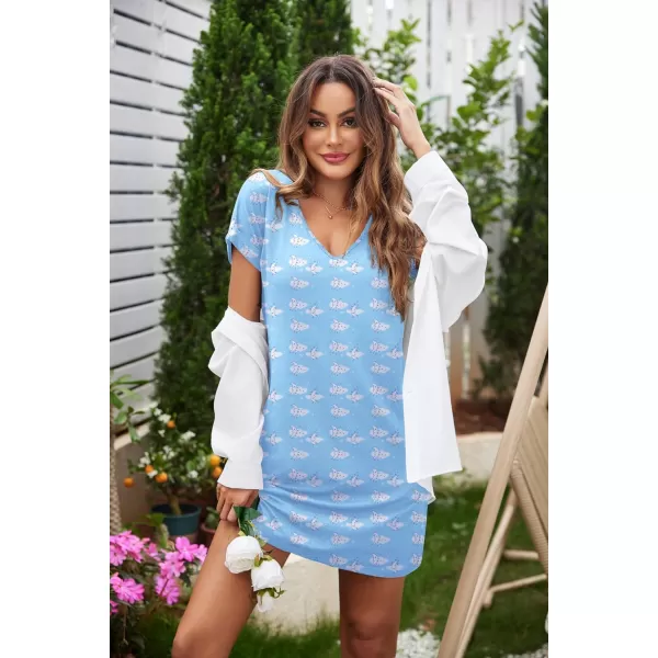 Ekouaer 2 Pack Nightgowns for Women Short Sleeve Sleepwear V Neck Sleepshirt SolidPrinted Night Dress With PocketsLeopard  Cloud