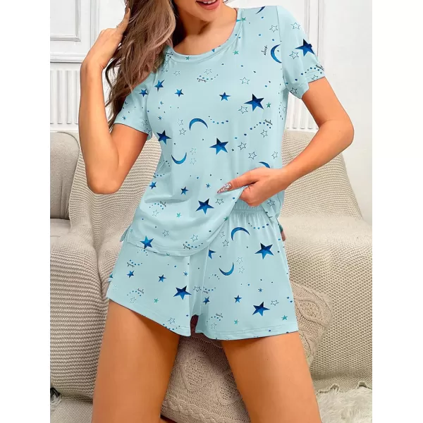 Ekouaer 2 Pack Pajama Sets Womenss Short Sleeve Tops with Shorts Comfy Pjs Casual Lounge Sets Sleepwear with PocketsBlue StarFloral