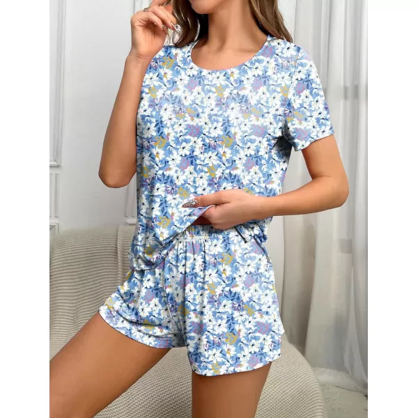 Ekouaer 2 Pack Pajama Sets Womenss Short Sleeve Tops with Shorts Comfy Pjs Casual Lounge Sets Sleepwear with PocketsBlue StarFloral