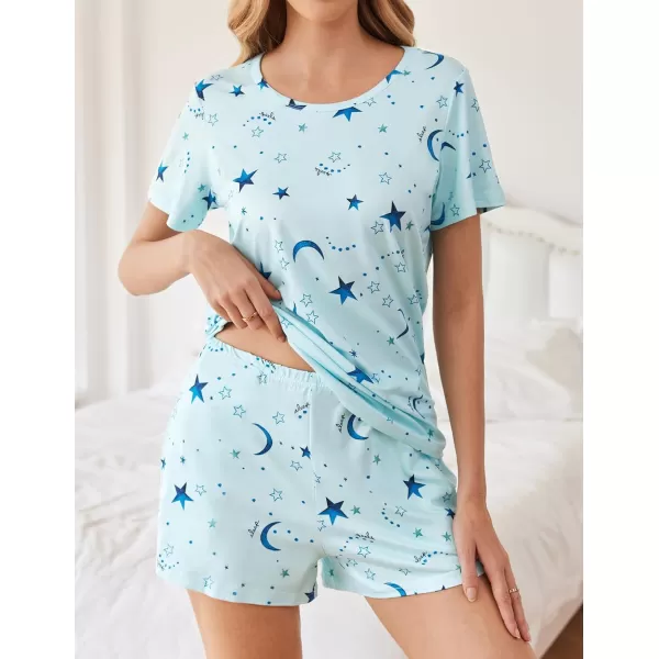 Ekouaer 2 Pack Pajama Sets Womenss Short Sleeve Tops with Shorts Comfy Pjs Casual Lounge Sets Sleepwear with PocketsBlue Starblue Floral