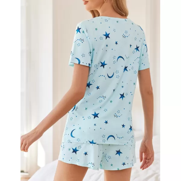 Ekouaer 2 Pack Pajama Sets Womenss Short Sleeve Tops with Shorts Comfy Pjs Casual Lounge Sets Sleepwear with PocketsBlue Starblue Floral