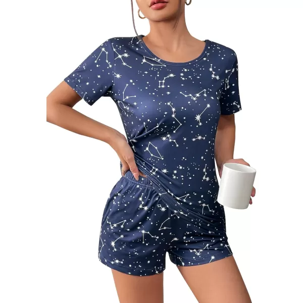 Ekouaer 2 Pack Pajama Sets Womenss Short Sleeve Tops with Shorts Comfy Pjs Casual Lounge Sets Sleepwear with PocketsNavy Blue Star Green Flower