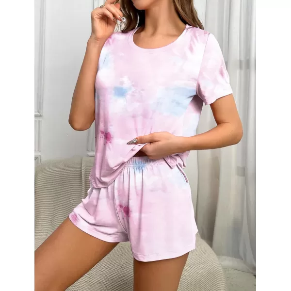 Ekouaer 2 Pack Pajama Sets Womenss Short Sleeve Tops with Shorts Comfy Pjs Casual Lounge Sets Sleepwear with PocketsTie Dye Pinkleaf Floral