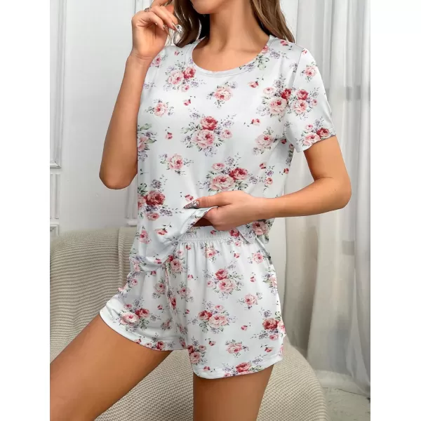 Ekouaer 2 Pack Pajama Sets Womenss Short Sleeve Tops with Shorts Comfy Pjs Casual Lounge Sets Sleepwear with PocketsTie DyeWhite Floral