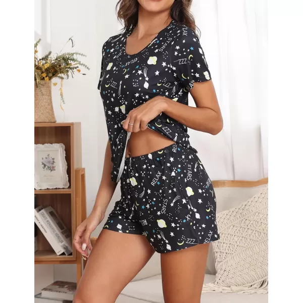 Ekouaer 2 Pack Pajama Sets Womenss Short Sleeve Tops with Shorts Comfy Pjs Casual Lounge Sets Sleepwear with PocketsWine Redstar Moon