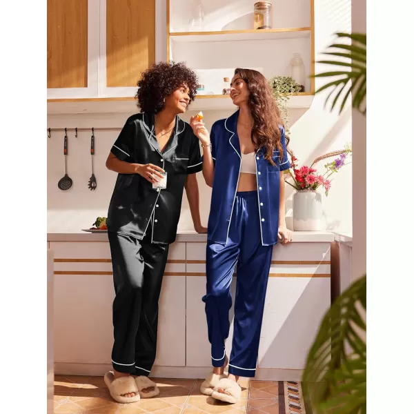 Ekouaer 2 Pack Satin Pajama Set for Women 4 Piece Short Sleeve Pj Set Silk Sleepwear Top and Long Pant Lounge SetBlackBlue