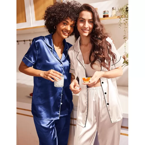 Ekouaer 2 Pack Satin Pajama Set for Women 4 Piece Short Sleeve Pj Set Silk Sleepwear Top and Long Pant Lounge SetBlackBlue