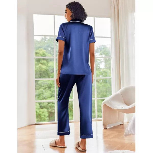 Ekouaer 2 Pack Satin Pajama Set for Women 4 Piece Short Sleeve Pj Set Silk Sleepwear Top and Long Pant Lounge SetBlackBlue