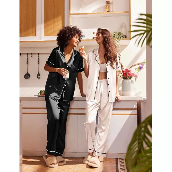 Ekouaer 2 Pack Satin Pajama Set for Women 4 Piece Short Sleeve Pj Set Silk Sleepwear Top and Long Pant Lounge SetBlackChampagne