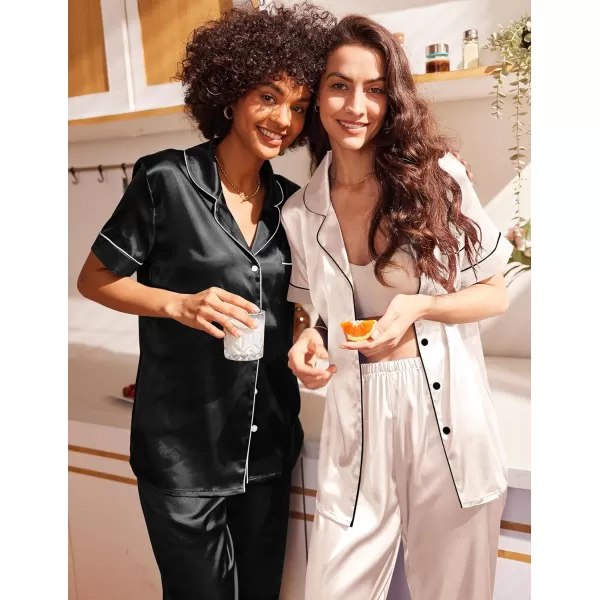 Ekouaer 2 Pack Satin Pajama Set for Women 4 Piece Short Sleeve Pj Set Silk Sleepwear Top and Long Pant Lounge SetBlackChampagne