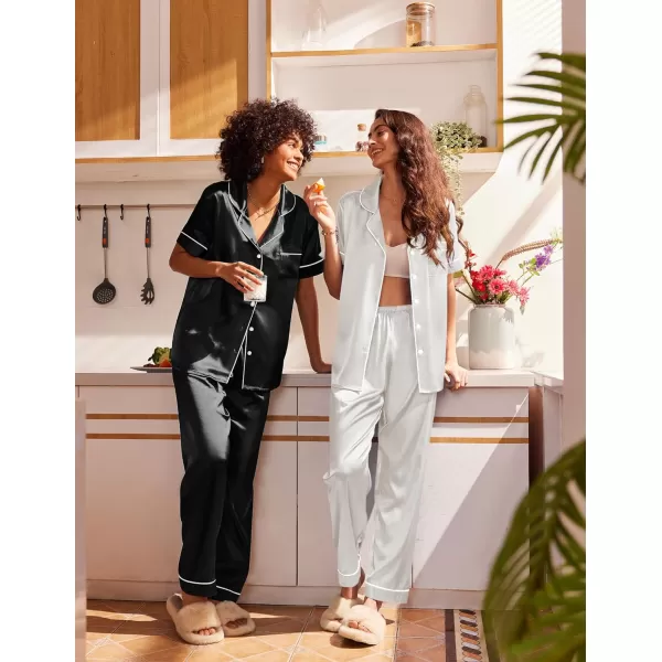 Ekouaer 2 Pack Satin Pajama Set for Women 4 Piece Short Sleeve Pj Set Silk Sleepwear Top and Long Pant Lounge SetBlackWhite