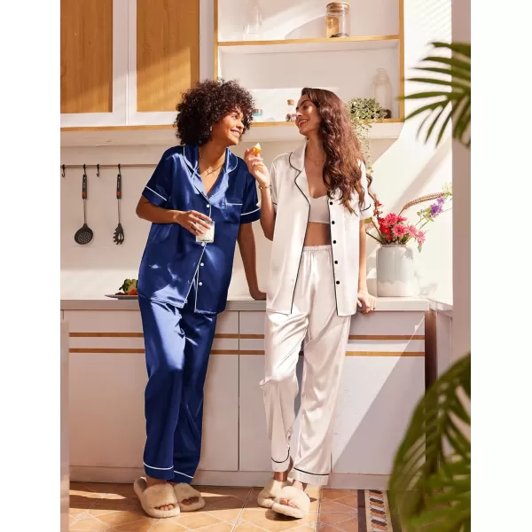 Ekouaer 2 Pack Satin Pajama Set for Women 4 Piece Short Sleeve Pj Set Silk Sleepwear Top and Long Pant Lounge SetChampagneBlue