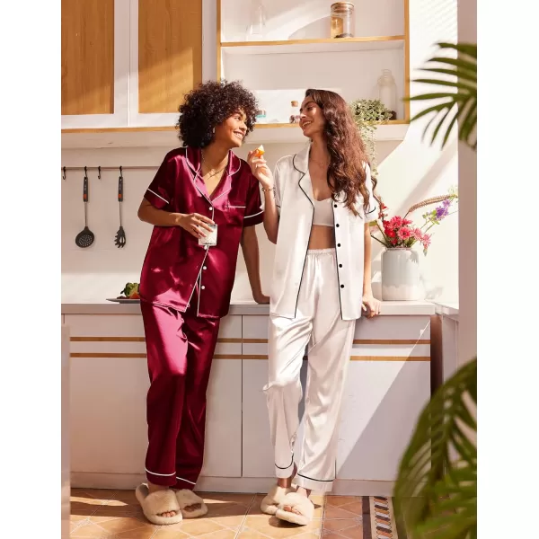 Ekouaer 2 Pack Satin Pajama Set for Women 4 Piece Short Sleeve Pj Set Silk Sleepwear Top and Long Pant Lounge SetChampagneWind Red