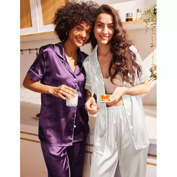 Ekouaer 2 Pack Satin Pajama Set for Women 4 Piece Short Sleeve Pj Set Silk Sleepwear Top and Long Pant Lounge SetWhitePurple
