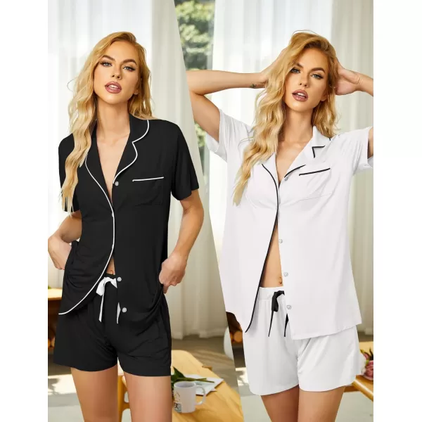 Ekouaer 2 Pack Womens Pajamas Set Button Down Classic Sleepwear Short Sleeve Comfy Pjs Loungewear SetGp7 Black  White