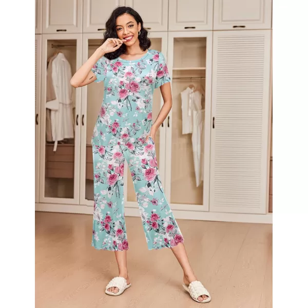 Ekouaer 2 Pack Womens Pajamas Set Short Sleeve Sleepwear Capri Pants Pjs Sets Soft Loungewear With Pockets2pack Rose Print  Grey