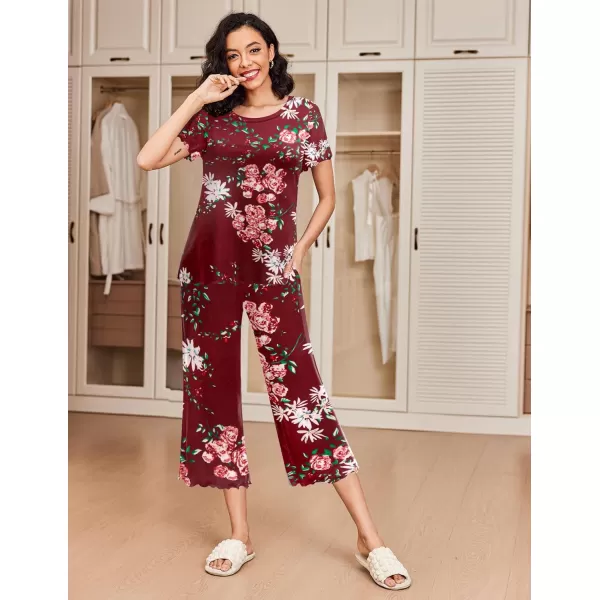 Ekouaer 2 Pack Womens Pajamas Set Short Sleeve Sleepwear Capri Pants Pjs Sets Soft Loungewear With Pockets2packblack  Wine Flower